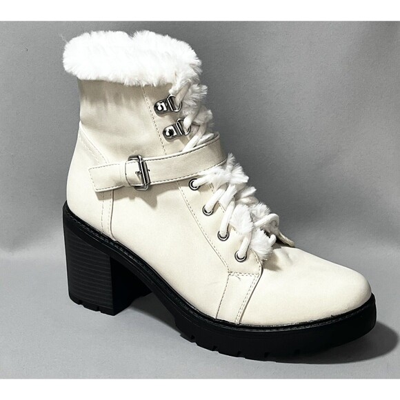 Espirit Leather Blend Chunky Zip Lace Up Boots Faux Fur Trim Sz 8.5 M - Picture 1 of 10